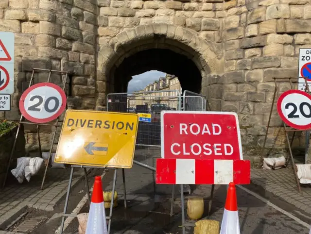 Closure signs around Bondgate Tower