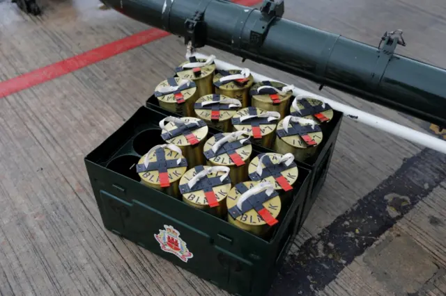 Cartridges of artillery shells are seen before members of the Royal Gibraltar Regiment fire a 41-gun salute to mark the death of Prince Philip