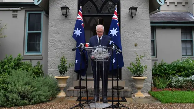 Australian Prime Minister Scott Morrison speaks to the media during a press conference following the death of Prince Philip