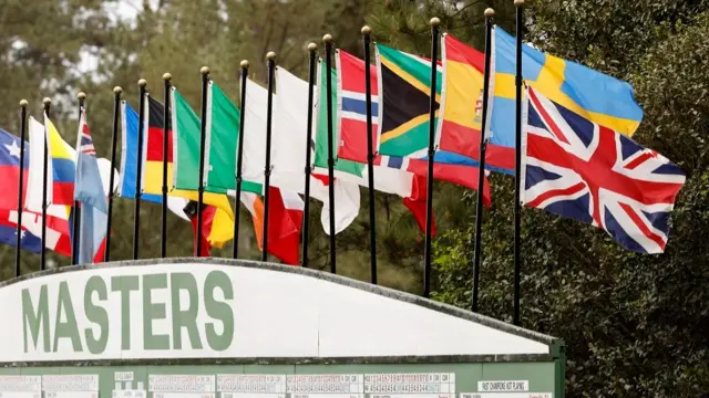 A British Union Jack flag flies at half-mast at Augusta National Golf Club during The Masters