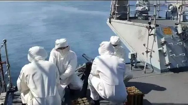 HMS Montrose firing her Saluting Gun as part of a 41 Gun salute to mark the passing of His Royal Highness Prince Phillip.