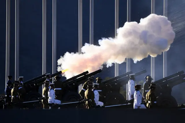 A 41-gun salute is fired to commemorate the death of Prince Philip, the Duke of Edinburgh, at Parliament House in Canberra, Australia, on 10 April 2021