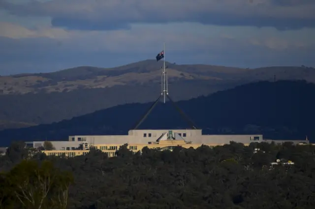 The Australian flag flies at half-mast to commemorate the death of Prince Philip, the Duke of Edinburgh, at Parliament House in Canberra, Australia, on 10 April 2021