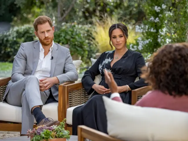 Prince Harry and Meghan, Duchess of Sussex, are interviewed by Oprah Winfrey in this undated handout photo