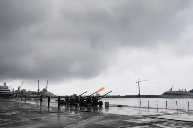 Members of the Royal Gibraltar Regiment fire a 41-gun salute to mark the death of Prince Philip in Gibraltar on 10 April 2021