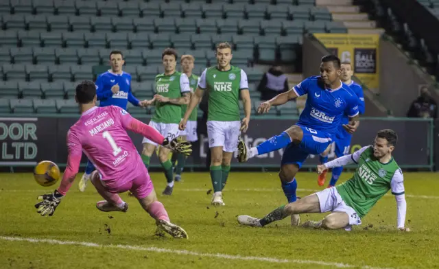 Alfredo Morelos scores against Hibs at Easter Road