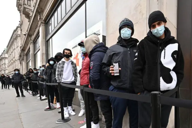 A queue formed outside the Nike store in central London