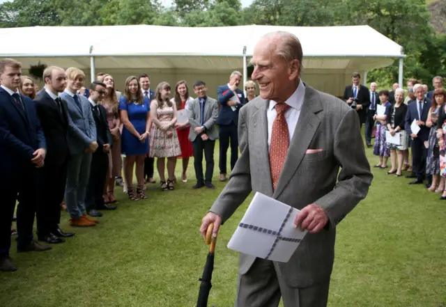 The Duke of Edinburgh attends the Presentation Reception for The Duke of Edinburgh Gold Award holders in the gardens at the Palace of Holyroodhouse on July 6, 2017