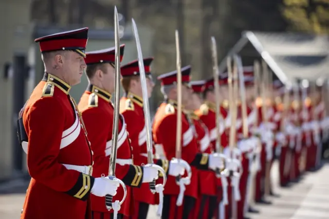 Members of The Household Division practicing a drill as preparations for the funeral of His Royal Highness The Duke of Edinburgh