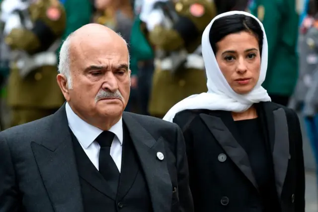 Prince Hassan Bin Talal of Jordan and Princess Badiya bint Hassan of Jordan arrive for the funeral ceremony of Jean d'Aviano, Grand Duke of Luxembourg, on May 4, 2019