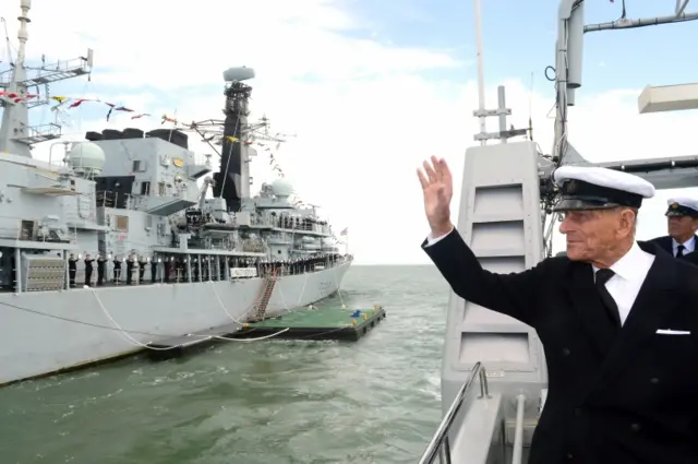 The Duke of Edinburgh, on board HMS Ranger while he conducted a review of 200 vessels owned by Squadron members of the Royal Yacht Squadron at Cowes, Isle of Wight