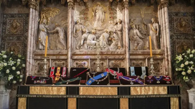 The Duke of Edinburgh's insignia placed on the altar in St George's Chapel, Windsor