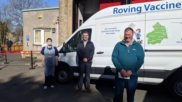 From left to right: Paula Jamieson, senior practice nurse, Richard Hay from NHS Northumberland Clinical Commissioning Group (CCG), and patient Anthony Robinson, a farmer from Greenhaugh