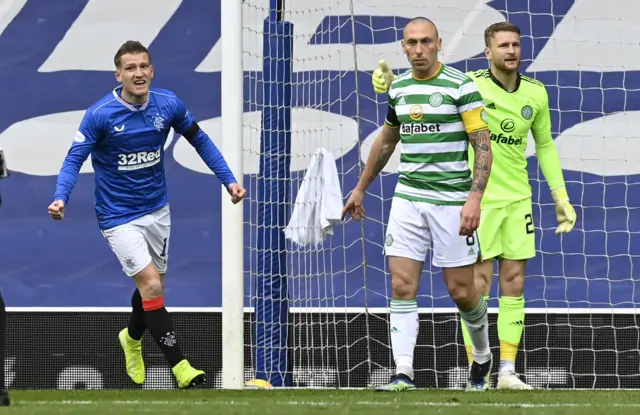 Steven Davis celebrates the opening goal at Ibrox