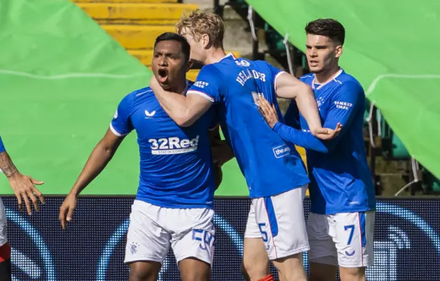 Alfredo Morelos celebrates his goal at Celtic Park