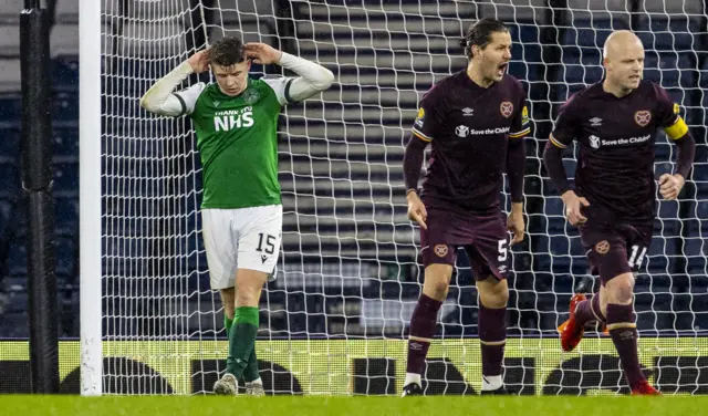 Hibs striker Kevin Nisbet missed from the penalty spot in a 2-1 semi-final defeat to Hearts