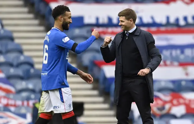 Rangers manager Steven Gerrard with defender Connor Goldson at full-time