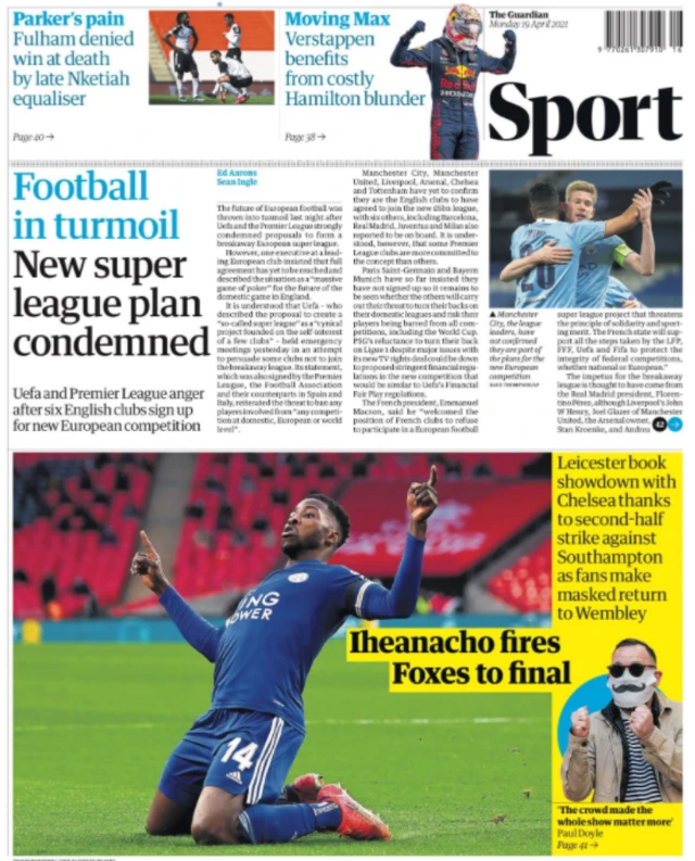 Main sports page in the Guardian on 19 April 2021