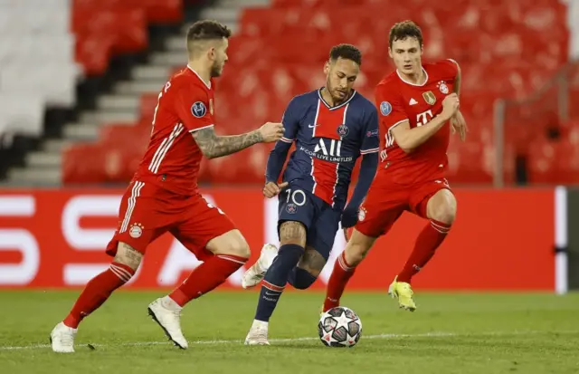 Neymar playing for Paris St-Germain against Bayern Munich