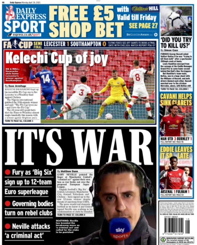 Back page of the Daily Express on 19 April 2021