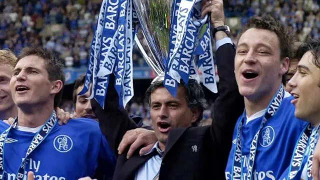 Jose Mourinho with the Premier League trophy after Chelsea won the competition in 2005