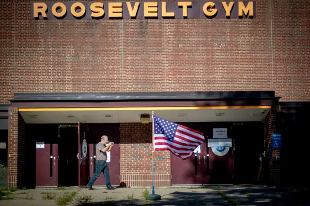 A voter made his way out of the Roosevelt High School polling location, Tuesday, August 11, 2020 in Minneapolis, Minnesota