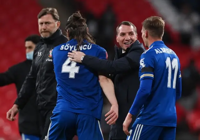 Brendan Rodgers congratulates Caglar Soyuncu after Leicester reach the FA Cup final