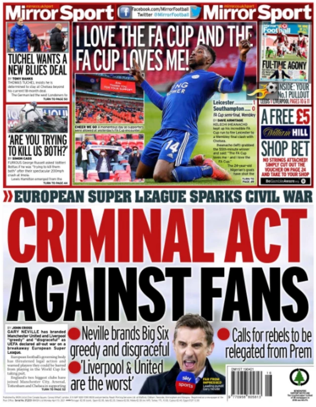 Back page of the Daily Mirror on 19 April 2021