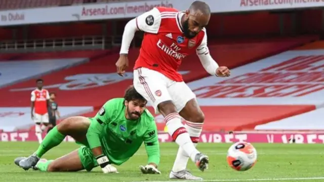 Alexandre Lacazette scores for Arsenal against Liverpool in July 2020