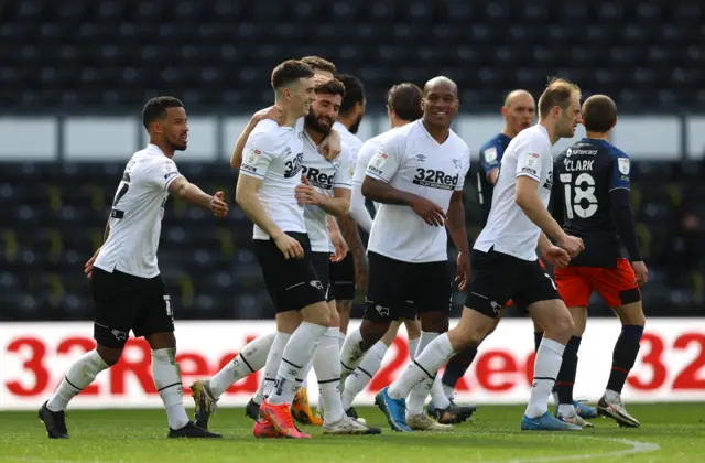 Derby celebrate Graham Shinnie's penalty