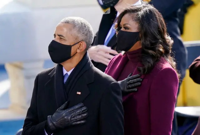 Former U.S. President Barack Obama and Michelle Obama attend the inauguration of U.S. President-elect Joe Biden on the West Front of the U.S. Capitol on January 20, 2021 in Washington, DC