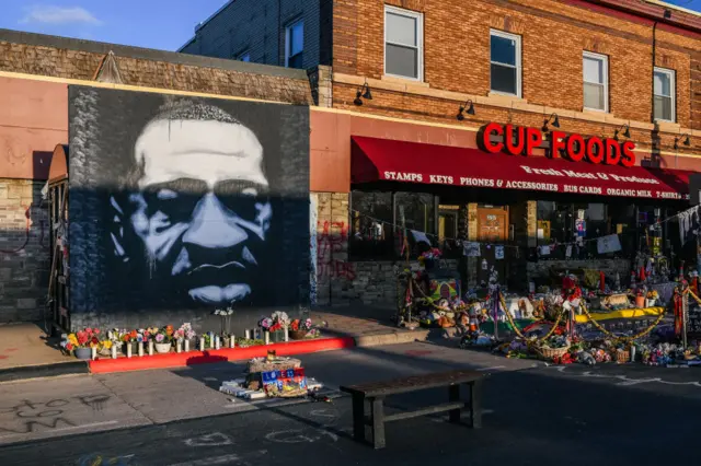 A mural of George Floyd is shown in the intersection of 38th St & Chicago Ave on March 31, 2021 in Minneapolis, Minnesota.