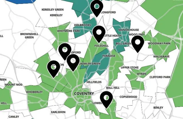 A map of Covid cases in Coventry, with darker areas showing higher numbers