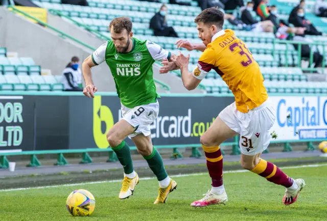 Hibs striker Christian Doidge tries to get past Declan Gallagher