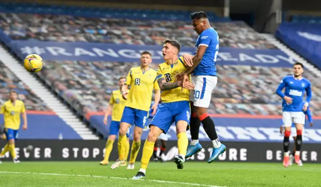 Rangers' Alfredo Morelos heads for goal