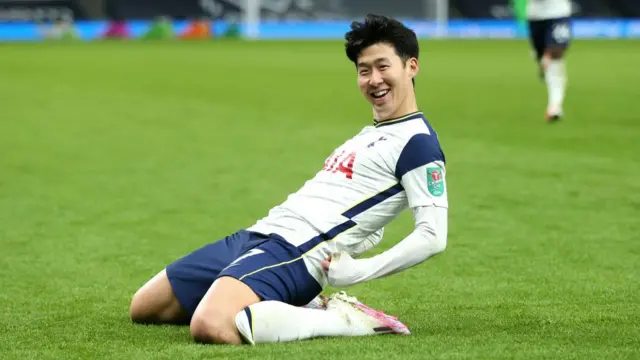 Son Heung-min celebrates scoring against Brentford