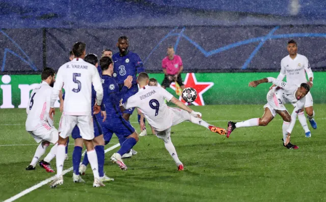 Karim Benzema scores for Real Madrid against Chelsea