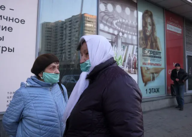 Elderly women wearing face mask to protect against the coronavirus in Moscow