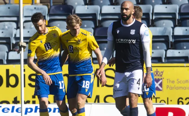 Guy Melamed is congratulated on opening the scoring at Dens Park