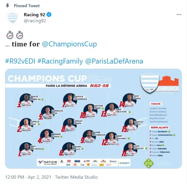 Racing 92 line-up tweet