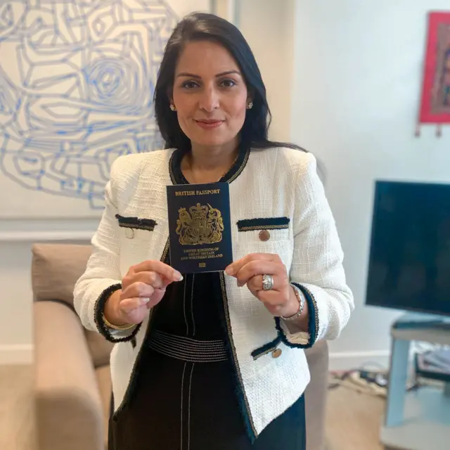 Priti Patel with a new design of British passport in February 2020