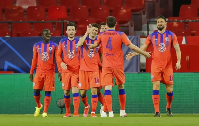 Chelsea players celebrate Ben Chilwell's goal against Porto