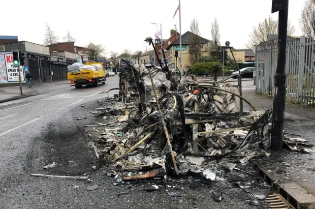 Burned out bus on Belfast street