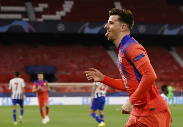 Mason Mount celebrates scoring against Porto