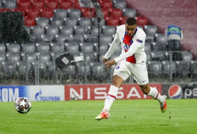 Kylian Mbappe scores his first goal away to Bayern Munich