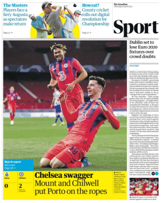 Main sport page of the Guardian on 8 April 2021