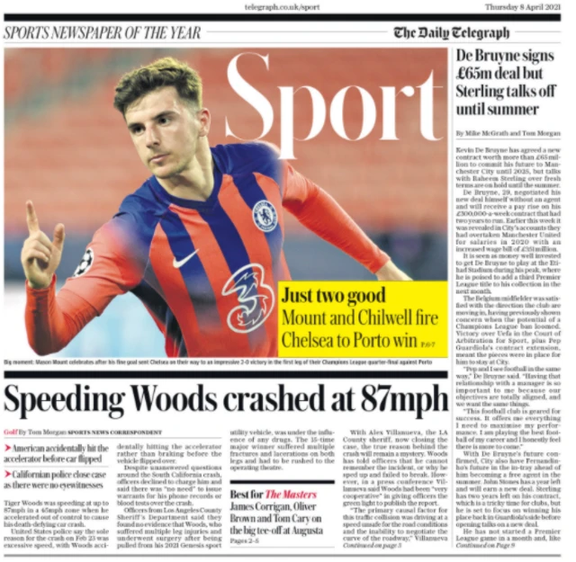 Main sport page of the Daily Telegraph on 8 April 2021