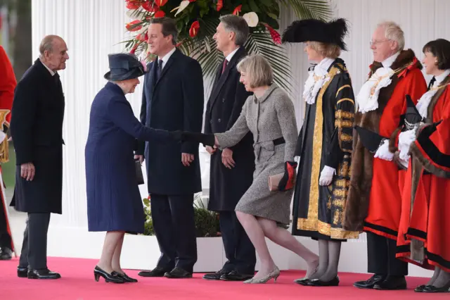 David Cameron and Theresa May meet the Queen and Prince Philip