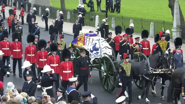 The procession carrying the coffin of Queen Elizabeth the Queen Mother to Westminster Abbey for her funeral service