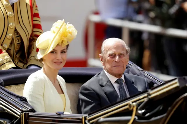 Prince Philip and Spain's Queen Letizia seen during a state visit by Spain's royals to London in 2017